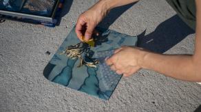 Manipulation de fleurs, de feuilles et de tissus lors de l'atelier de cyanotype.Crédit photo : Andrea Calderon