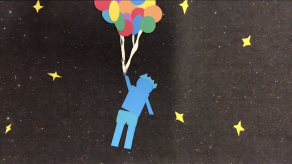 Un personnage attaché à des ballons s'envole dans l'espace. Crédit : Rose Boily, Anabelle Alarie, Anaïs Roy, Frédérike Turcotte.  
