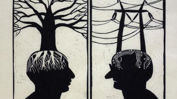 Linogravure d’Adeline Rognon. Deux silhouettes noires sur fond blancs. Deux visages encadrés se font face. L’un à un arbre sur la tête et les racines dans son crâne. L’autre, un pylône électrique sur le dessus de la tête et des composantes électroniques dans son crâne. Les branches de l'arbre et les fils électriques semblent reliés sans se toucher. 