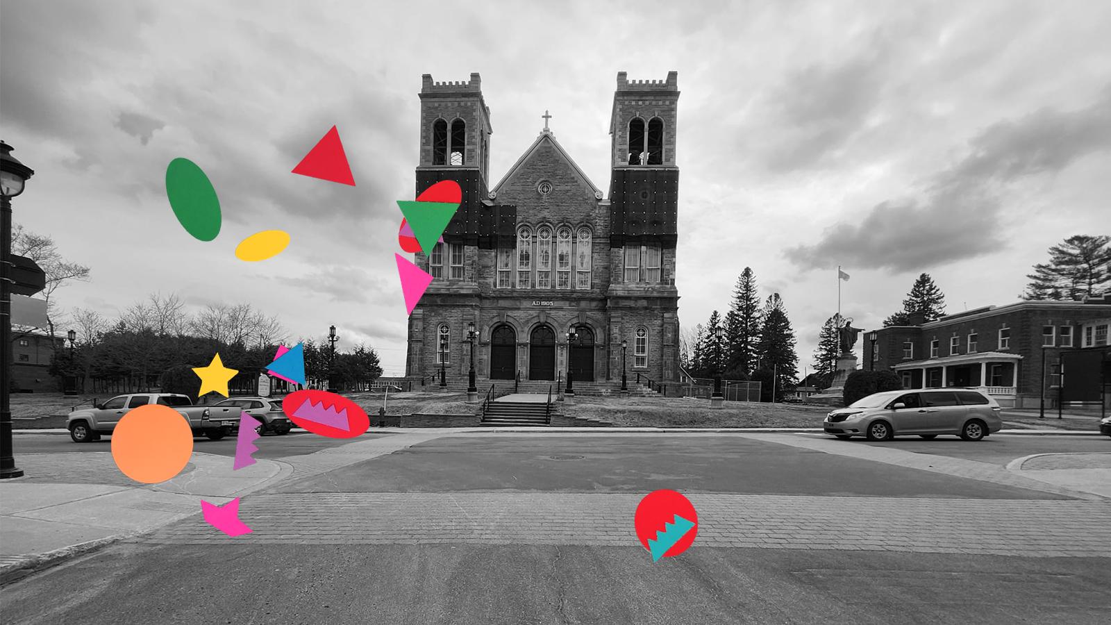 L'église de Sainte-Agathe-des-Monts avec des formes géométriques colorées